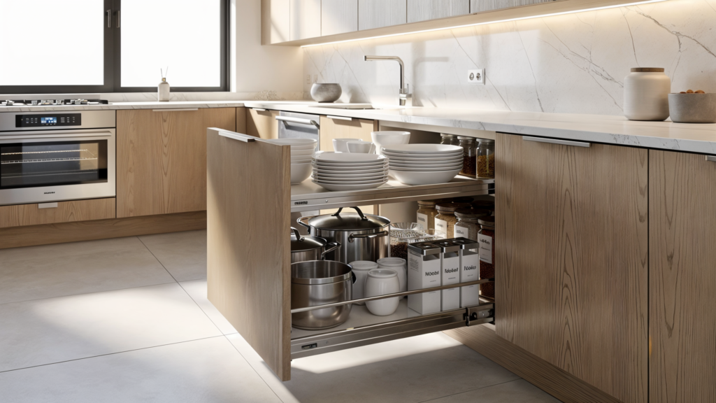 Custom pull-out shelves in deep kitchen cabinet showing organized storage