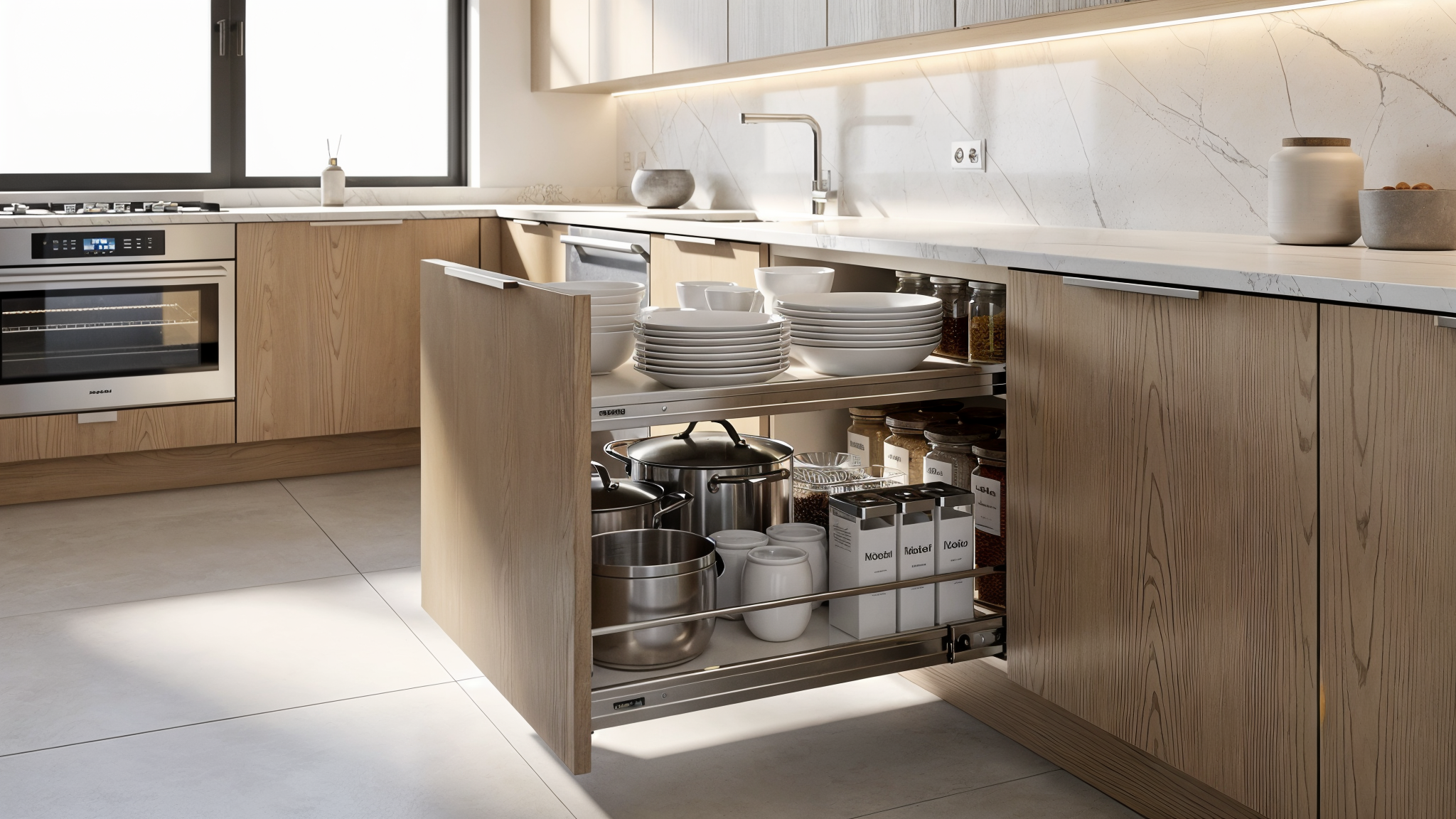Custom pull-out shelves in deep kitchen cabinet showing organized storage