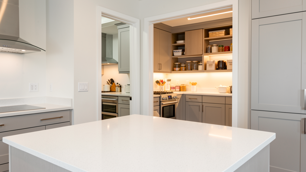 Modern kitchen with separate dirty kitchen or secondary baking station featuring custom pull-out shelves and organized prep space