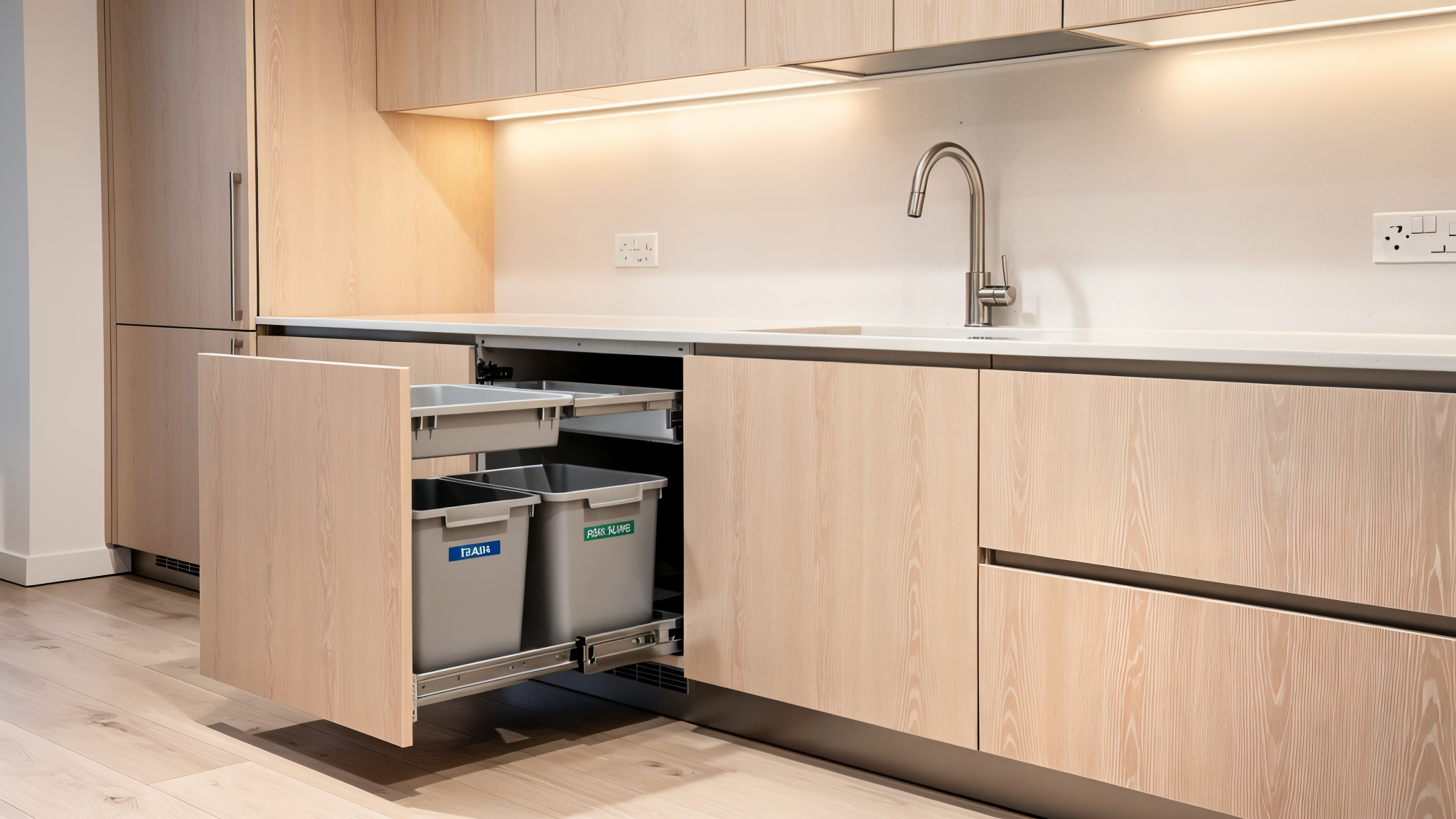 Custom pull-out garbage and recycling center cabinet in modern kitchen