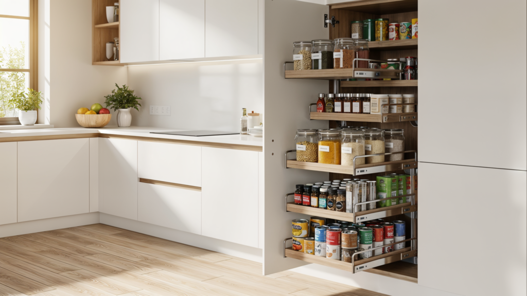 Custom pull-out pantry shelves in organized kitchen
