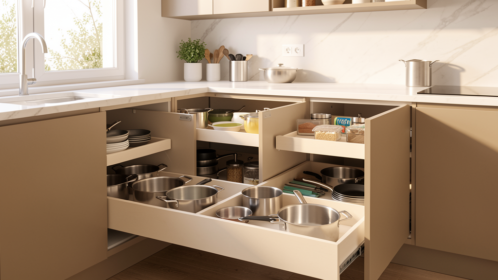 Modern kitchen with custom pull-out cabinet shelves showing organized storage