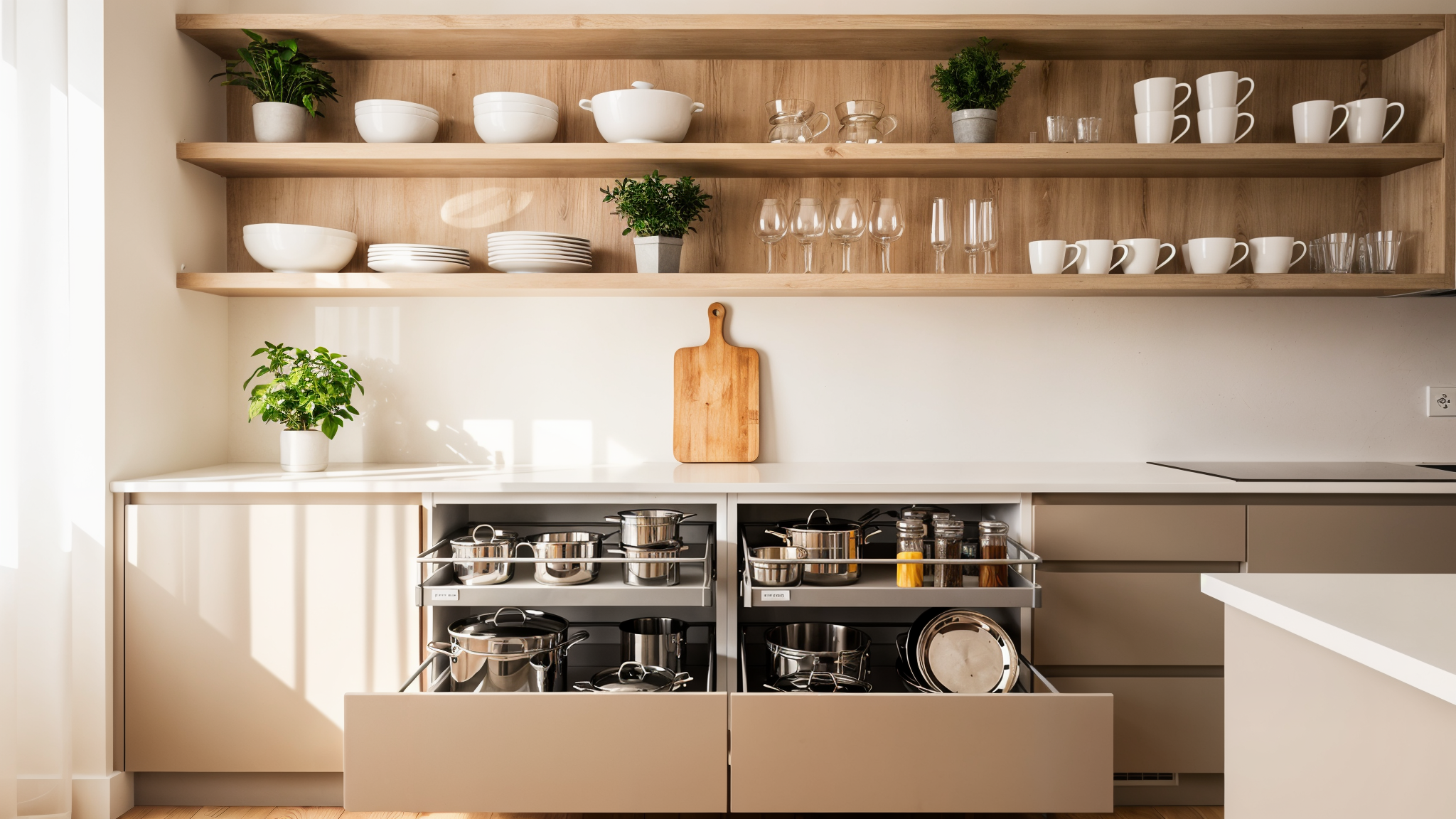 Modern kitchen with open wooden shelving displaying organized dishes and glassware, with pull-out cabinet storage below