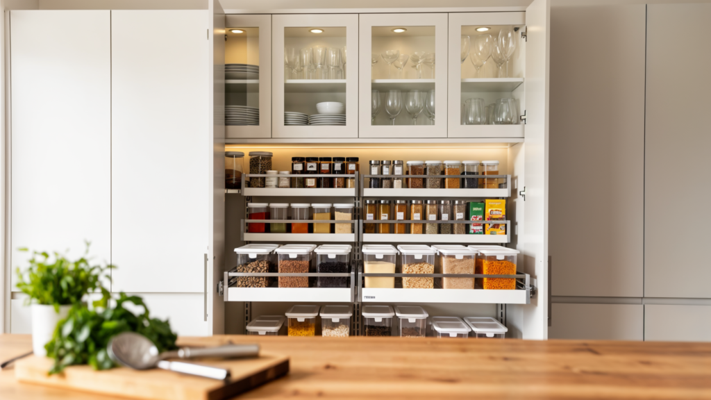 Modern organized kitchen pantry with custom pull-out shelves and smart storage solutions