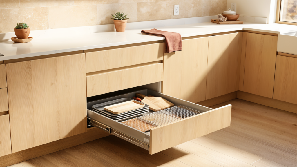 Toekick drawer pull-out storage in modern kitchen cabinet