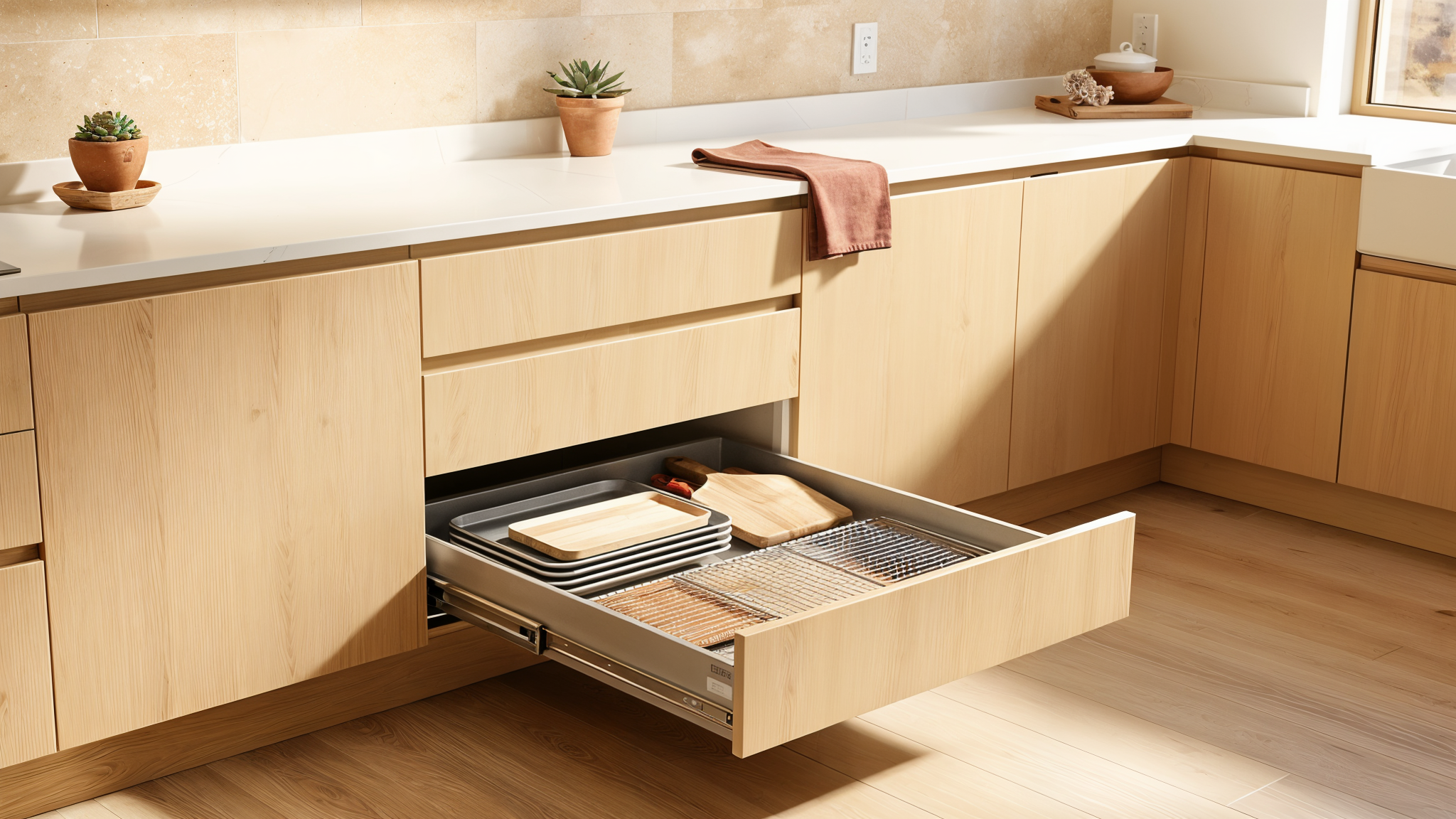 Toekick drawer pull-out storage in modern kitchen cabinet