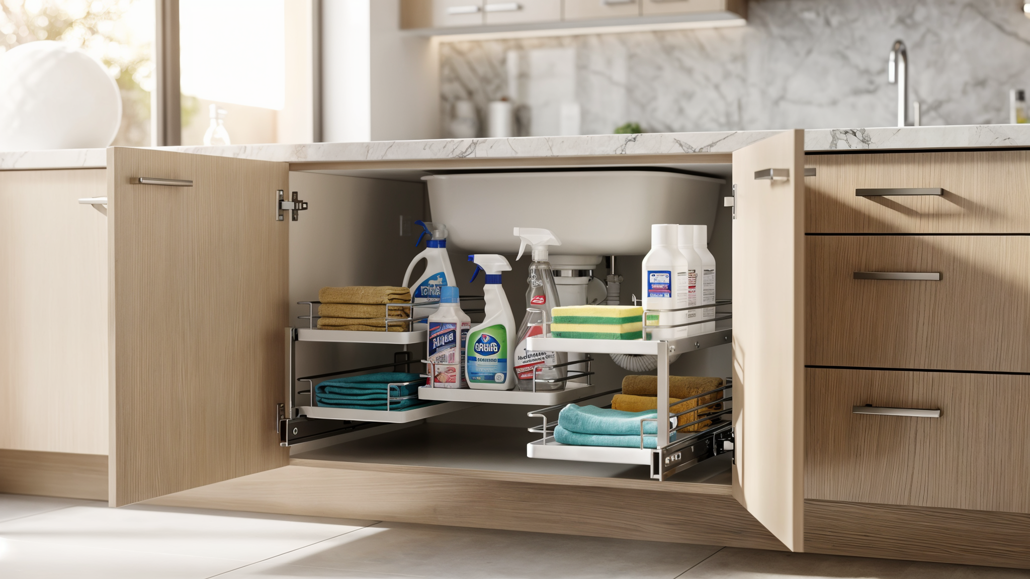 Custom pull-out shelves in under-sink cabinet with organized cleaning supplies