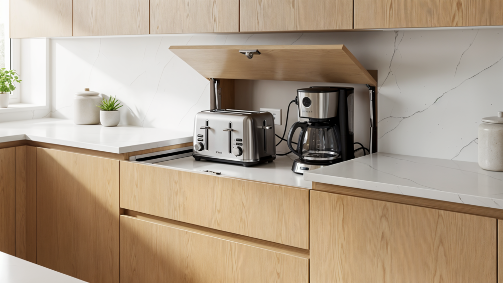 Modern kitchen with appliance garage and roll-up door hiding small appliances