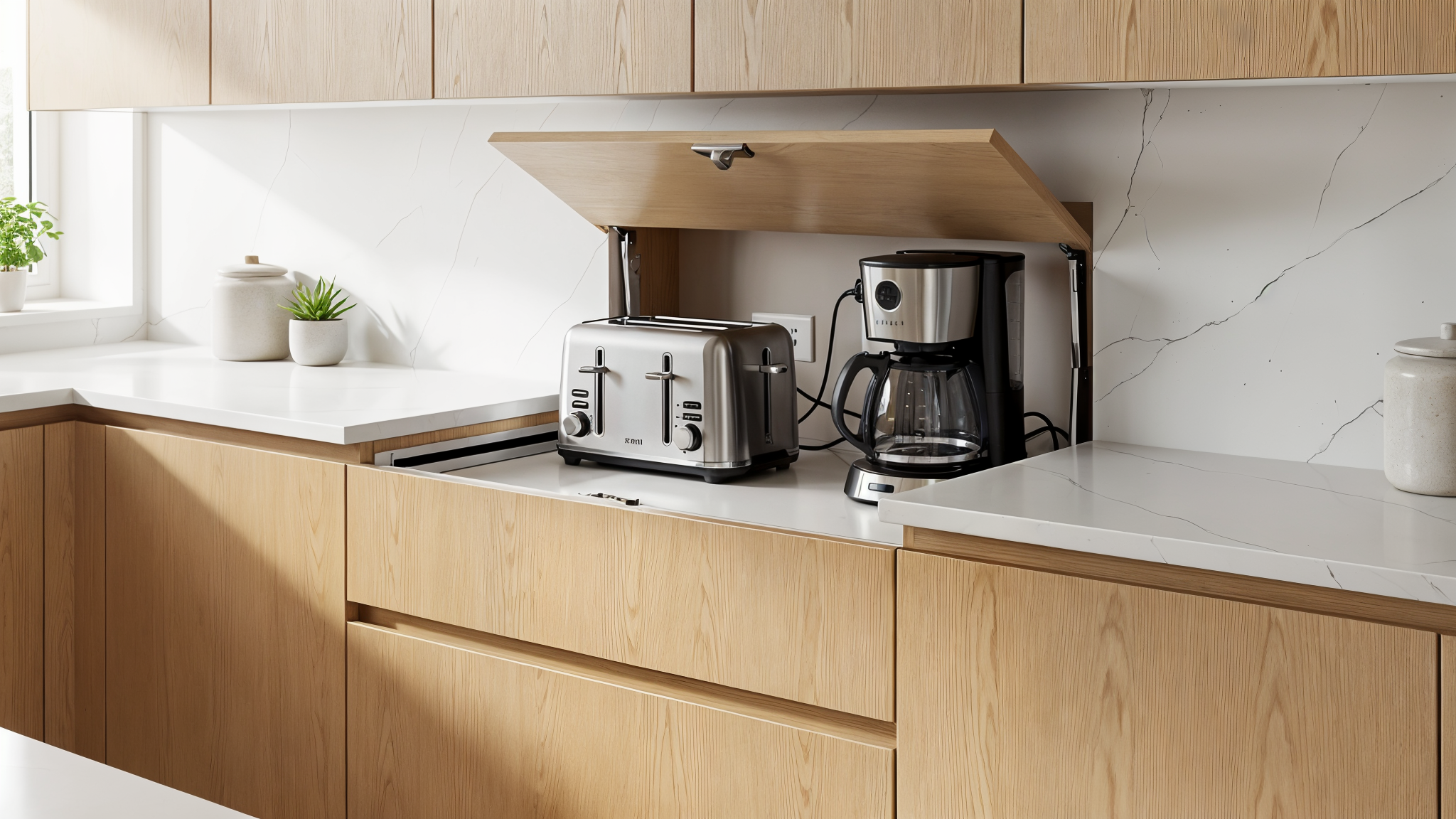 Modern kitchen with appliance garage and roll-up door hiding small appliances