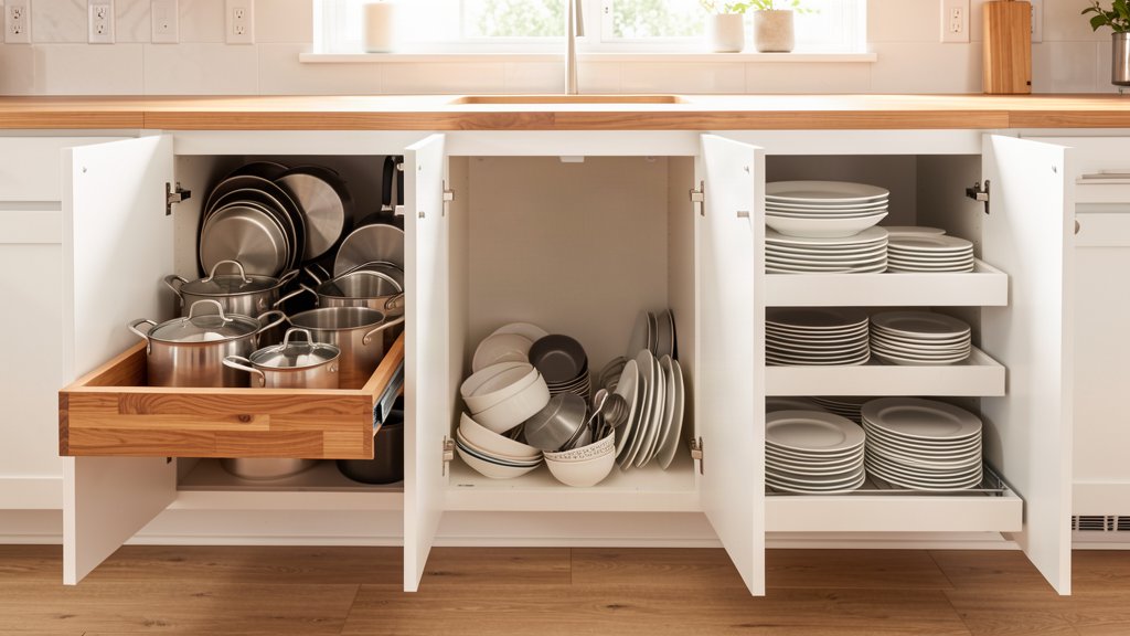 Custom pull-out shelf fully extended on ball-bearing slide rails in a kitchen base cabinet