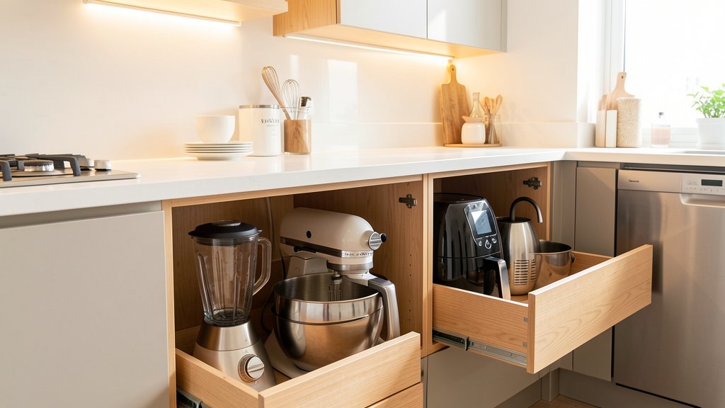 Kitchen base cabinets with pull-out shelves storing a blender, stand mixer, espresso machine, and kettle